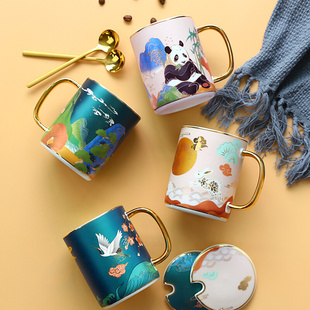 陶瓷马克杯带盖勺 北欧ins水杯男国潮家用杯子女简约创意个性潮流