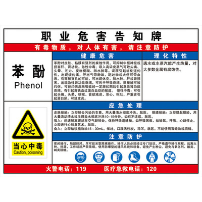 苯酚 作业岗位职业病危害 有毒物品告知卡 安全标志牌30x40cm