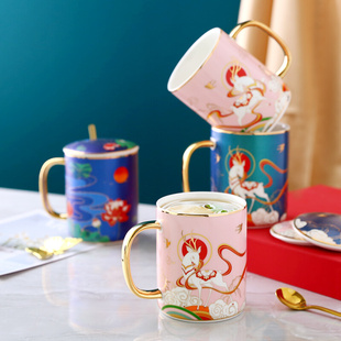 国潮陶瓷马克杯带盖勺一路有你ins水杯男家用杯子女简约创意个性