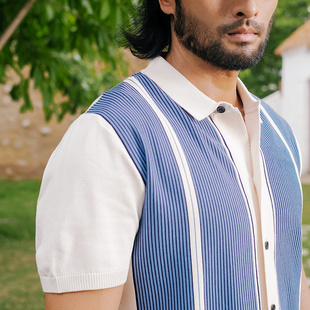 SOARIN YUPPIE英式常青藤针织polo开衫男 学院风拼接条纹短袖衬衫