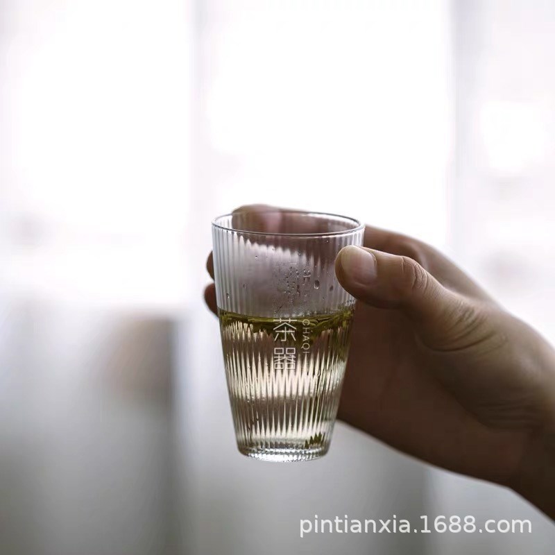 日式玻璃杯耐高温手工条纹小茶杯茶碗主人杯子透明绿Y茶杯品鉴杯