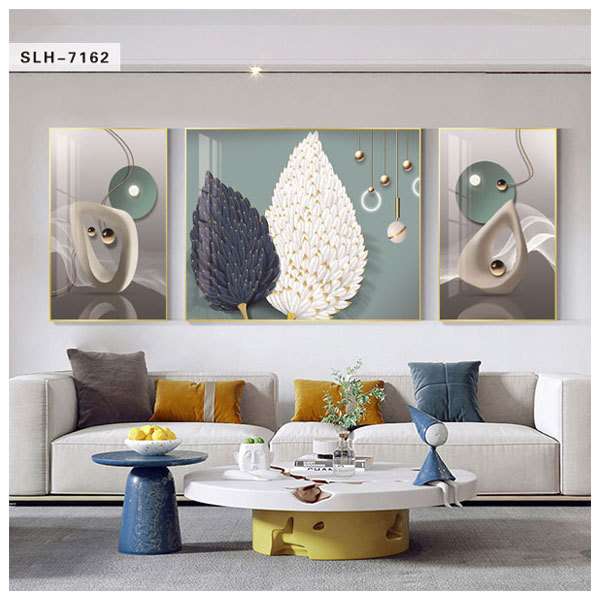 现代简约客厅装饰画抽象几何三联羽毛壁画轻奢沙发背景墙晶瓷挂画图片