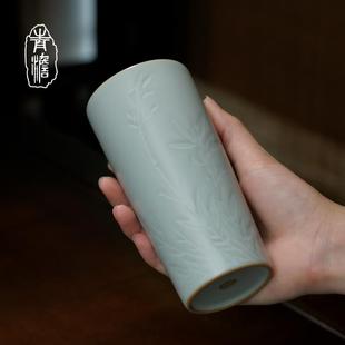 青澹汝窑茶杯景德镇陶瓷杯大容量复古杯子家用简约青瓷水杯天青色