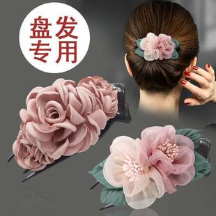 鸭嘴夹大号抓夹淑女盘发专用抓抓夹绢纱花朵布艺发夹盘头发夹子