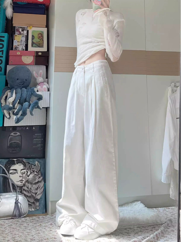 白色棉麻夏季女士阔腿裤,细宽松修身宽松的窄纹休闲裤和不