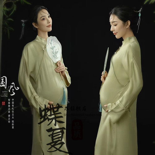 孕妈写真影楼摄影服装新中式水墨画园林风旗袍P连衣裙孕妇摄影衣
