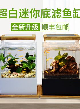 超白自循环小鱼缸底滤生态微缸办公室小型迷你海水缸.免换水景观