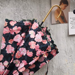 日系长柄伞女碎花黑胶刺绣拱形直杆伞彩色花朵遮阳防晒弯钩雨伞