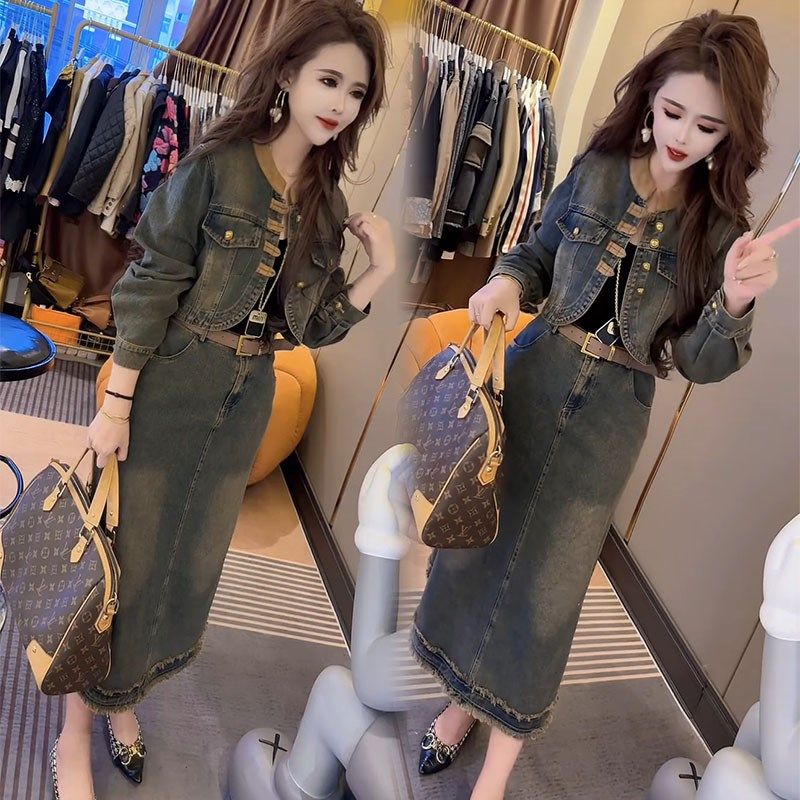 欧货时尚套装女2024春季新款气质女神范怀旧牛仔短外套半裙两件套,女装/女士精品,时尚套装,淘宝优惠券,粉丝福利购,淘宝优惠卷