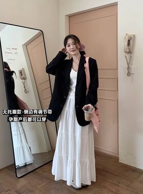 孕妇装白色褶皱半身l裙夏春秋季2024新款可调节中长款蛋糕裙仙女
