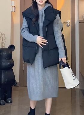 孕妇秋冬两件套保暖棉衣马甲中长版连帽洋装2023新款纯色百搭女