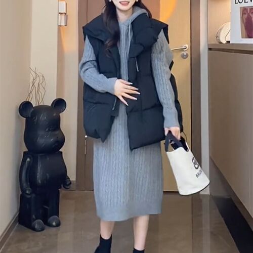 孕妇秋冬两件套保暖棉衣马甲中长版连帽洋装2023新款纯色百搭女