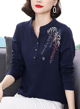 纯棉长袖T恤女春装新款中老年妈妈F时尚洋气立领上衣女绣花打底衫