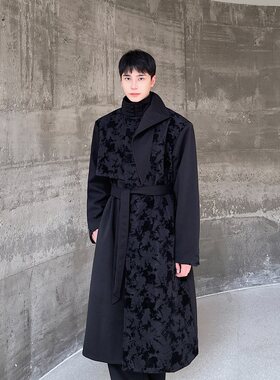 冬季复古提花拼接盘扣立领毛呢大衣男腰带设计感长版禅意风衣外套