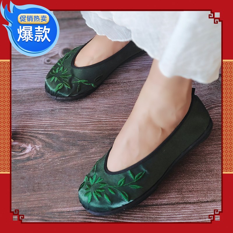 五朵金花原款云南绣花鞋复古民族风墨绿色刺绣R千层底汉服女布鞋