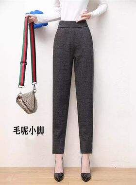 2024春季女裤羊毛呢哈伦裤新款冬加厚保暖裤宽松高腰休闲萝卜裤