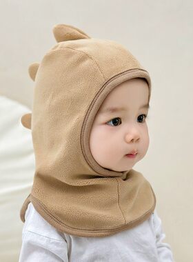 宝宝帽子秋d冬季韩版恐龙婴儿摇粒绒防风连身帽男孩女童护耳围脖