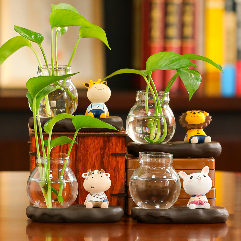 工位公室桌面小摆设水培绿萝花瓶摆件创意办插花空盆玻璃透明容器