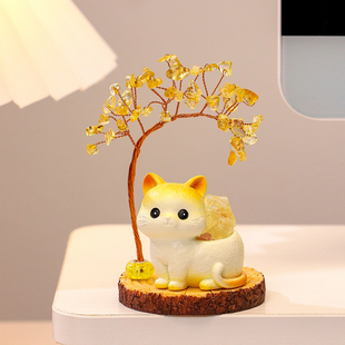 新款 潮玩甜甜小猫黄水晶发财树家居客厅工位解压治愈系招财小摆件