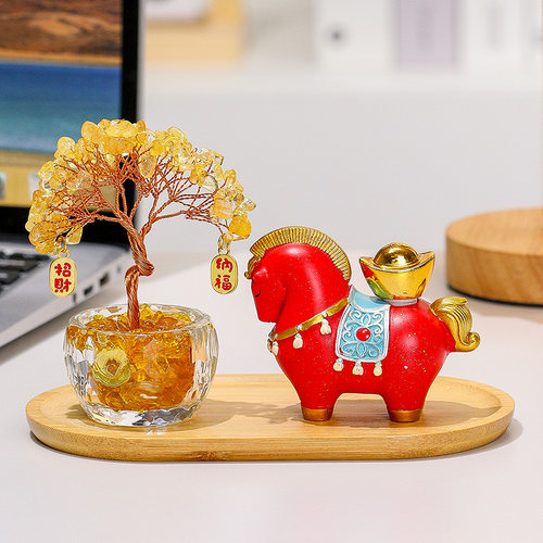 天然黄水晶招财树国潮马装饰摆件