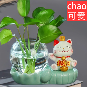 治愈系可爱招财猫客厅玄关家居办公室工位家居桌面水培摆件装饰品