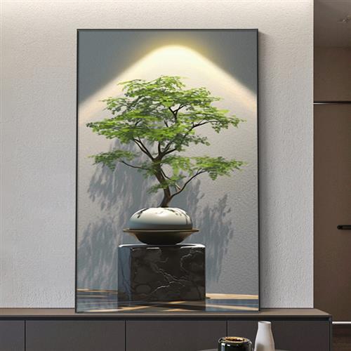 现代简约客厅装饰画迎客松光影立体沙发背景墙挂画绿色植物落地画图片