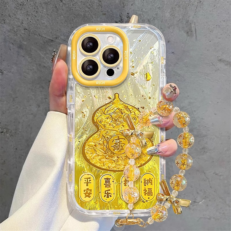 适用招财葫芦苹果16E手机壳iPhone15promax黄金色14plus少女13mini防摔12保护套11羽纱8泡芙7高级感xsmax时尚