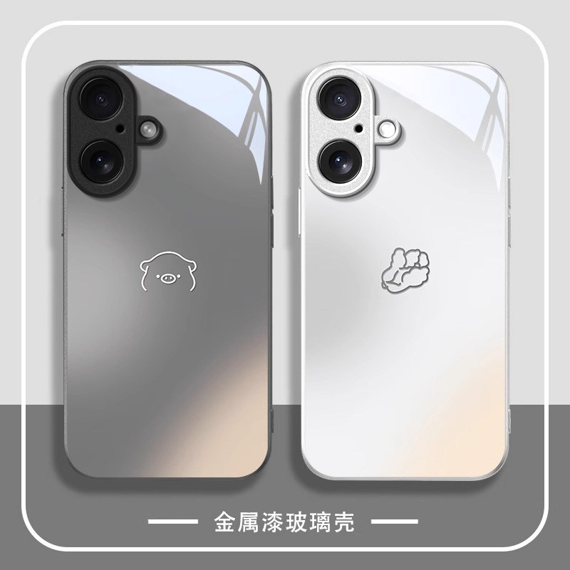 适用白菜和猪苹果16E手机壳iPhone15promax情侣14plus金属漆13mini玻璃12高级11男8女7新款xsmax防摔保护套6s