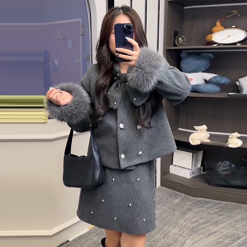 小香风加棉毛呢外套半身裙套装胖mm2025冬季新款显瘦宽松大码女装