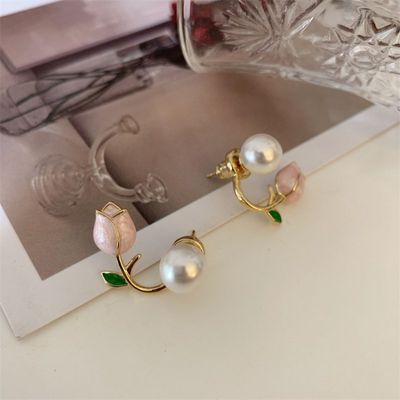 网红2023 New Fashion Pink Tulip Flowers Stud Earrings Sweet