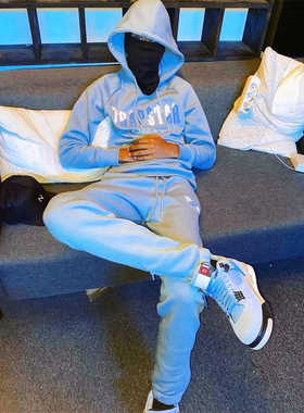 Trapstar2024原创经典美潮Chenille拼色刺绣连帽卫衣套装蓝色系列