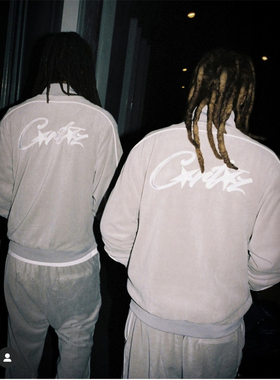 Velvet Track Set -Gray Corteiz丝绒灰色拉链小字母刺绣套装外套