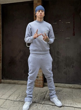 SYNA Gray Tracksuits男士灰色圆领长袖长裤套装发泡原创潮流卫衣