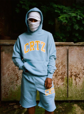 Corteiz恶魔岛Alcatraz Basic Shorts字母印花连帽卫衣短裤套装UK