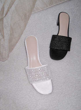 ElegiFemme2024s原创Eliza法式蕾丝一字带凉鞋粗跟休闲刺绣拖鞋