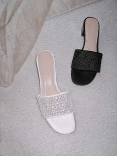 粗跟休闲刺绣拖鞋 ElegiFemme2024s原创Eliza法式 蕾丝一字带凉鞋