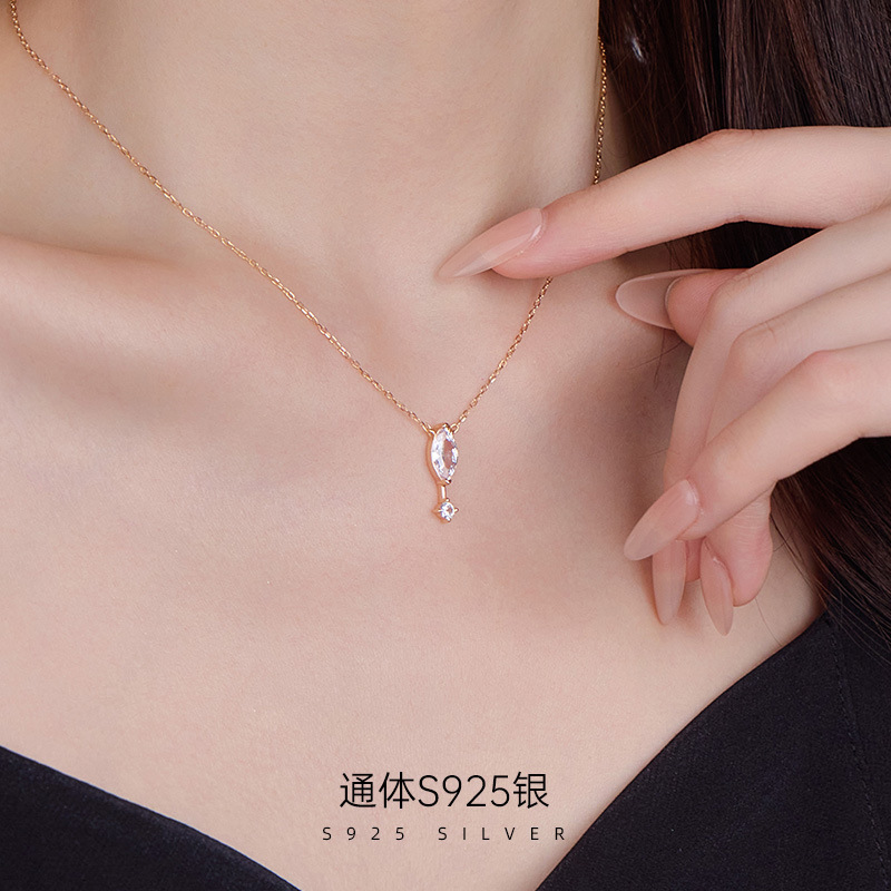 日本品质925纯银双钻锆石项链女气质马眼石悬浮闪钻细款轻奢小众