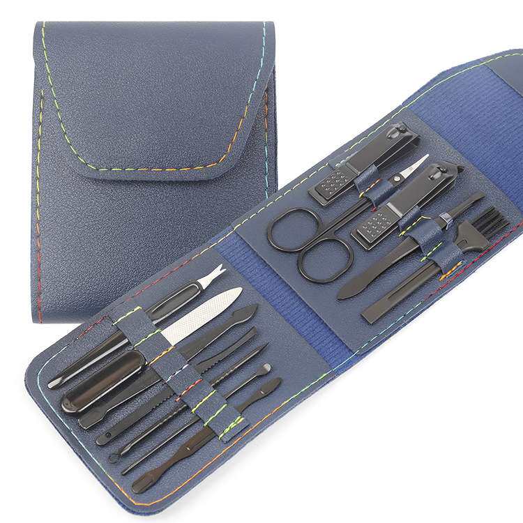 现货发黑12件套指甲剪套装家用修甲美甲工具折叠包美容套指甲刀