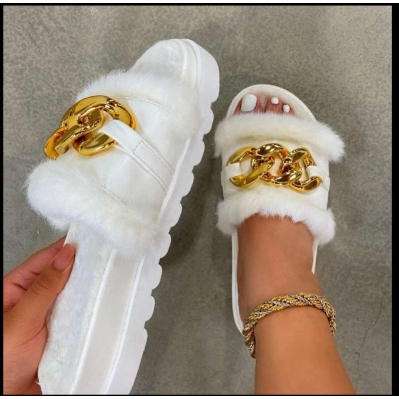 women shoes款毛毛拖鞋链条金属凉拖鞋女休闲外穿拖鞋一字带2024