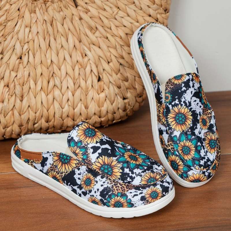 women shoes印花拖鞋女年春季新款太阳花一脚蹬轻便半拖女鞋2024