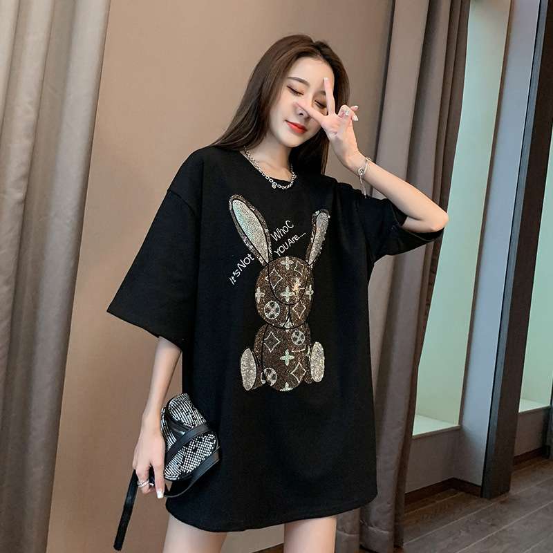 2024松烫钻t恤女精梳棉短袖中长款上衣半袖体恤黑色women clothes