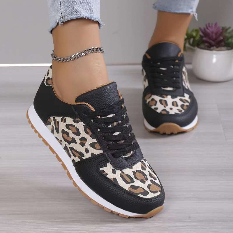 women shoes底豹纹系带休闲运动鞋女外贸大码低帮单鞋跑步鞋2024