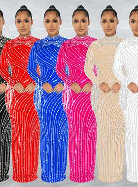 20246欧美时尚女装网纱透视烫钻长袖长裙内衬两件套women clothes