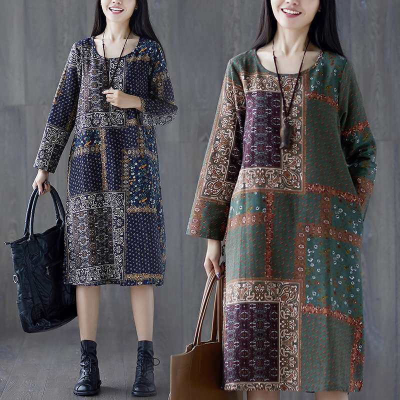 2024复古民族风中长裙圆领显瘦短袖连衣裙碎花大码women clothes