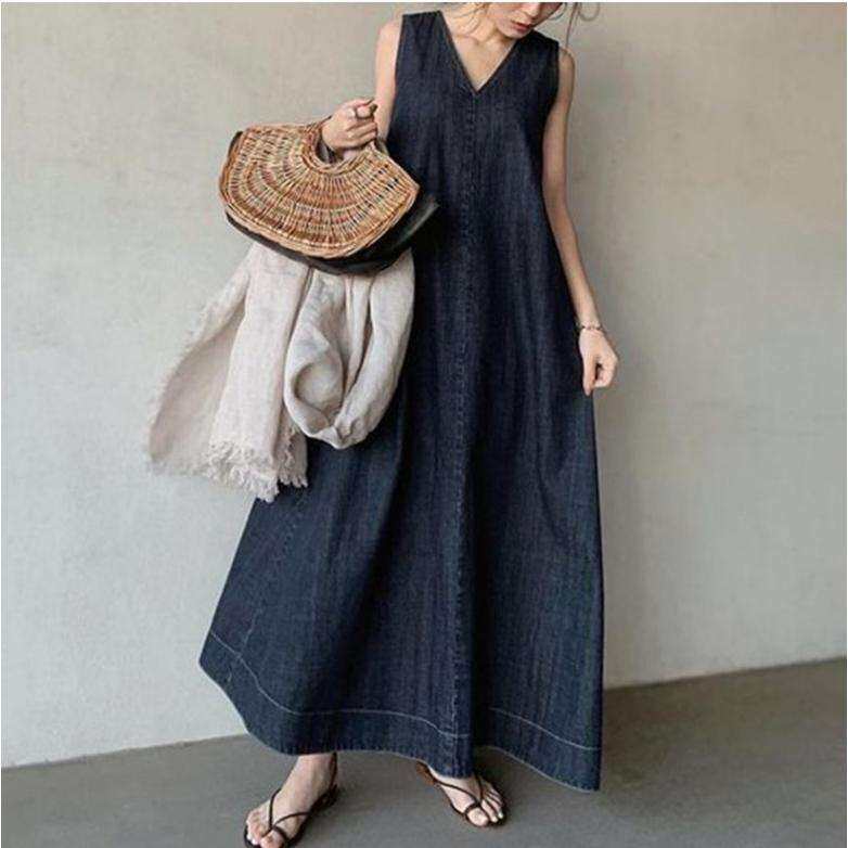2024新款文艺范牛仔过膝长裙后背系带V领无袖连衣裙women clothes