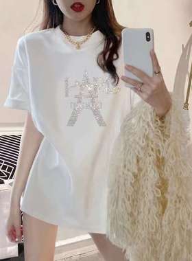 2024工烫钻巴黎铁塔精梳棉短袖T恤女大码显瘦中长款women clothes
