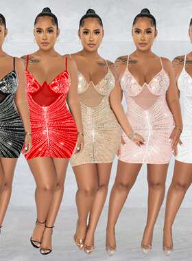 2024C6257欧美时尚女装烫钻网纱吊带无袖短裙连衣裙women clothes
