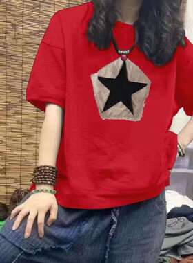 2024宽松夏季新款潮流休闲圆领图案印花半袖上衣女women clothes