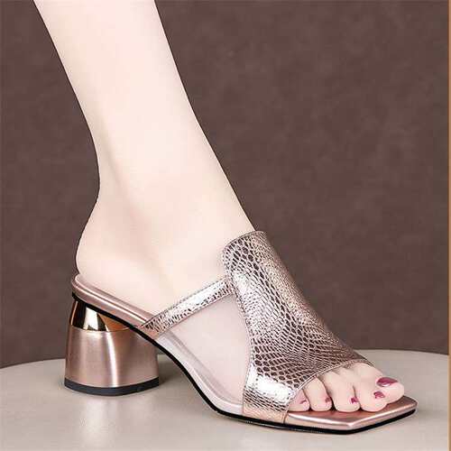 women shoes高跟粗跟时尚舒适方头一字凉拖鞋大码凉鞋女夏季2024