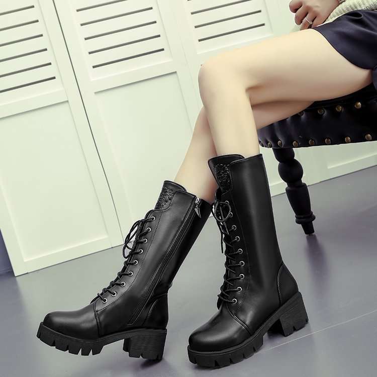 women shoes中筒女靴欧美时尚皇冠防水台圆头系带皮靴马丁靴2024
